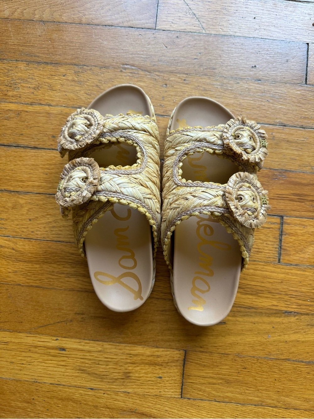 Sam Edelman Natural Raffia Double-Buckle Slide Sandals